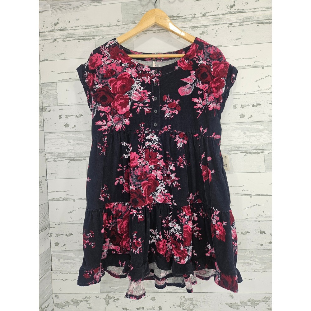 Free People Corduroy Floral Mini Dress Navy Pink Tiered Babydoll XS Pockets